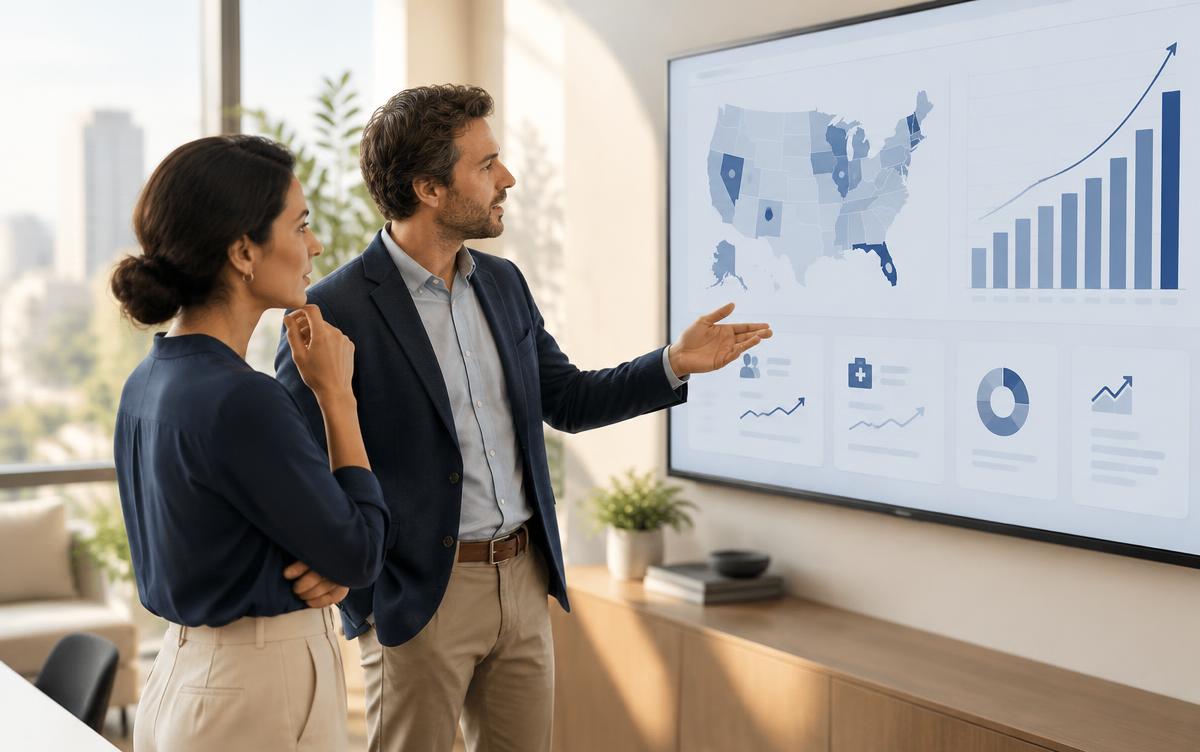 Analysts reviewing a healthcare market growth dashboard with a US map and rising charts