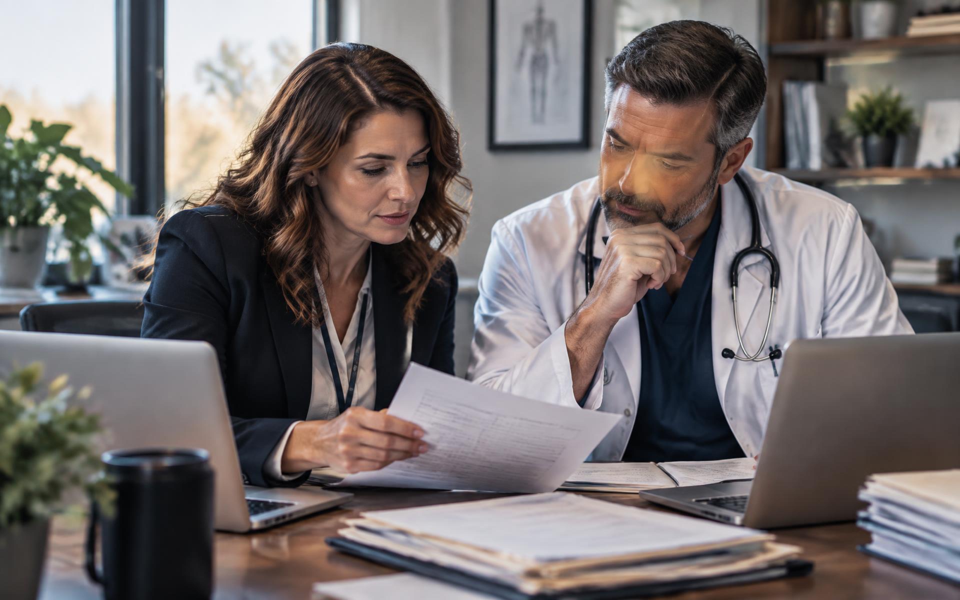Physician and coding specialist checking clinical records together
