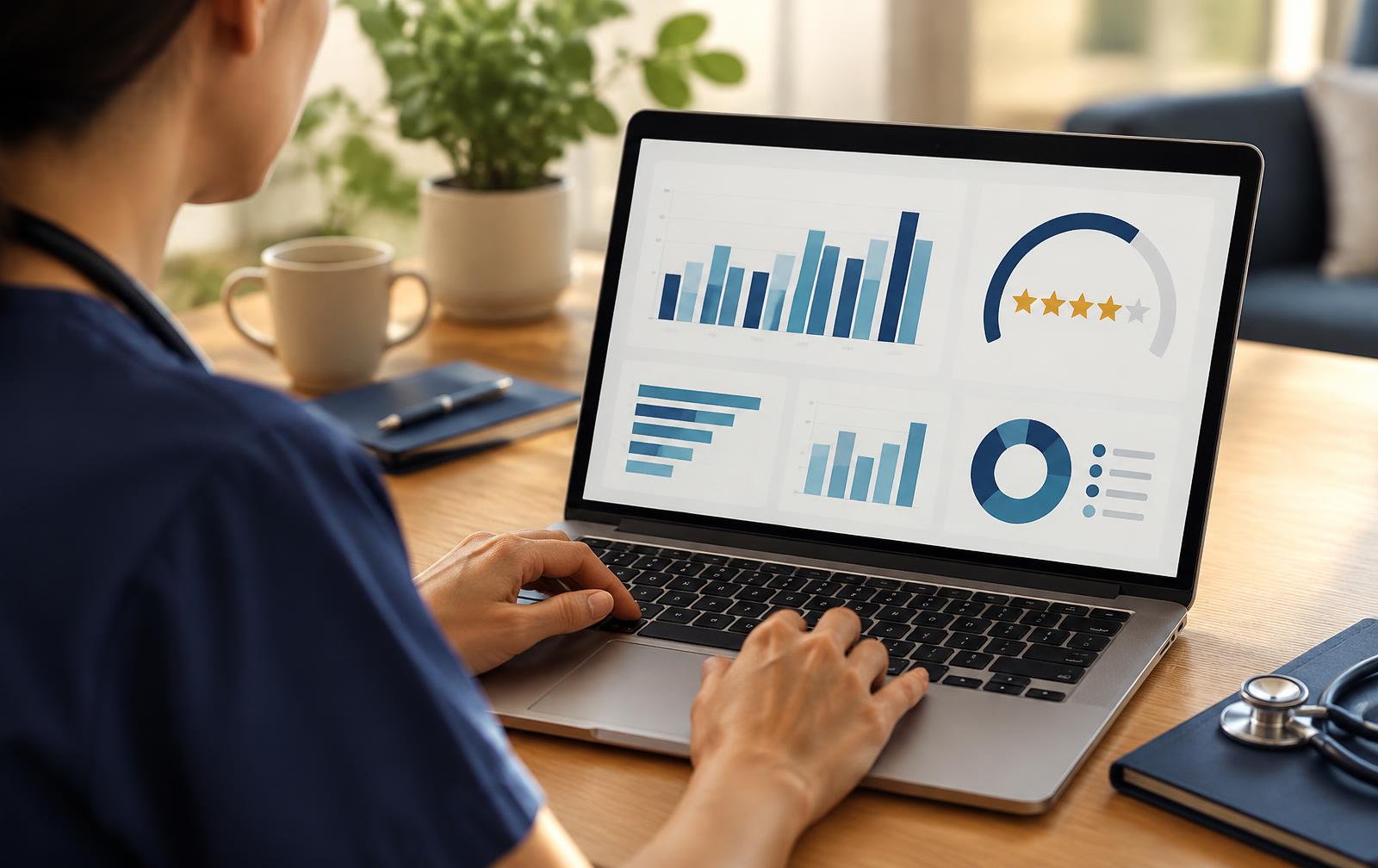 Consultant reviewing a Star Ratings dashboard with charts and a rating gauge