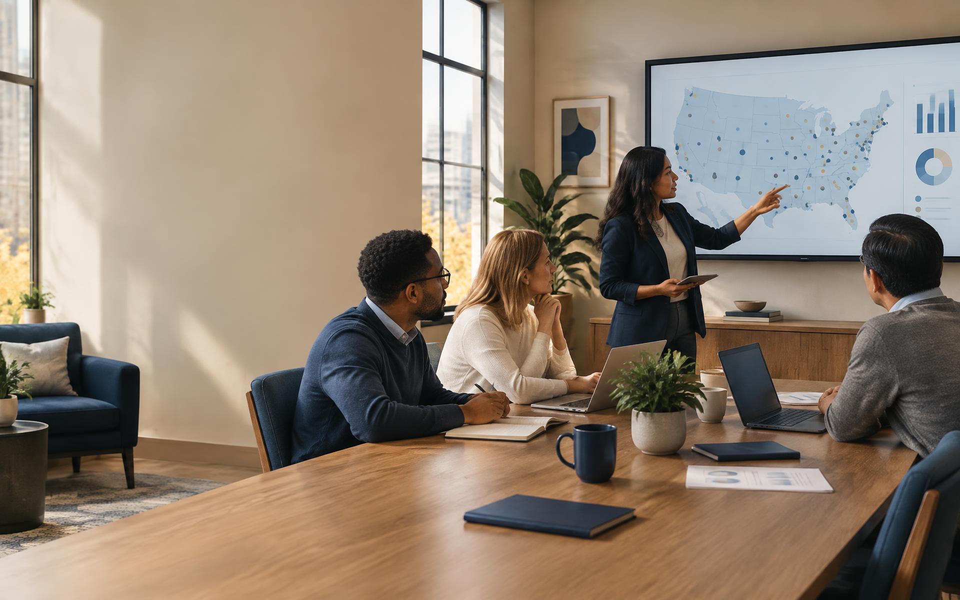 Health plan analysts studying a United States map of Medicare Advantage market data