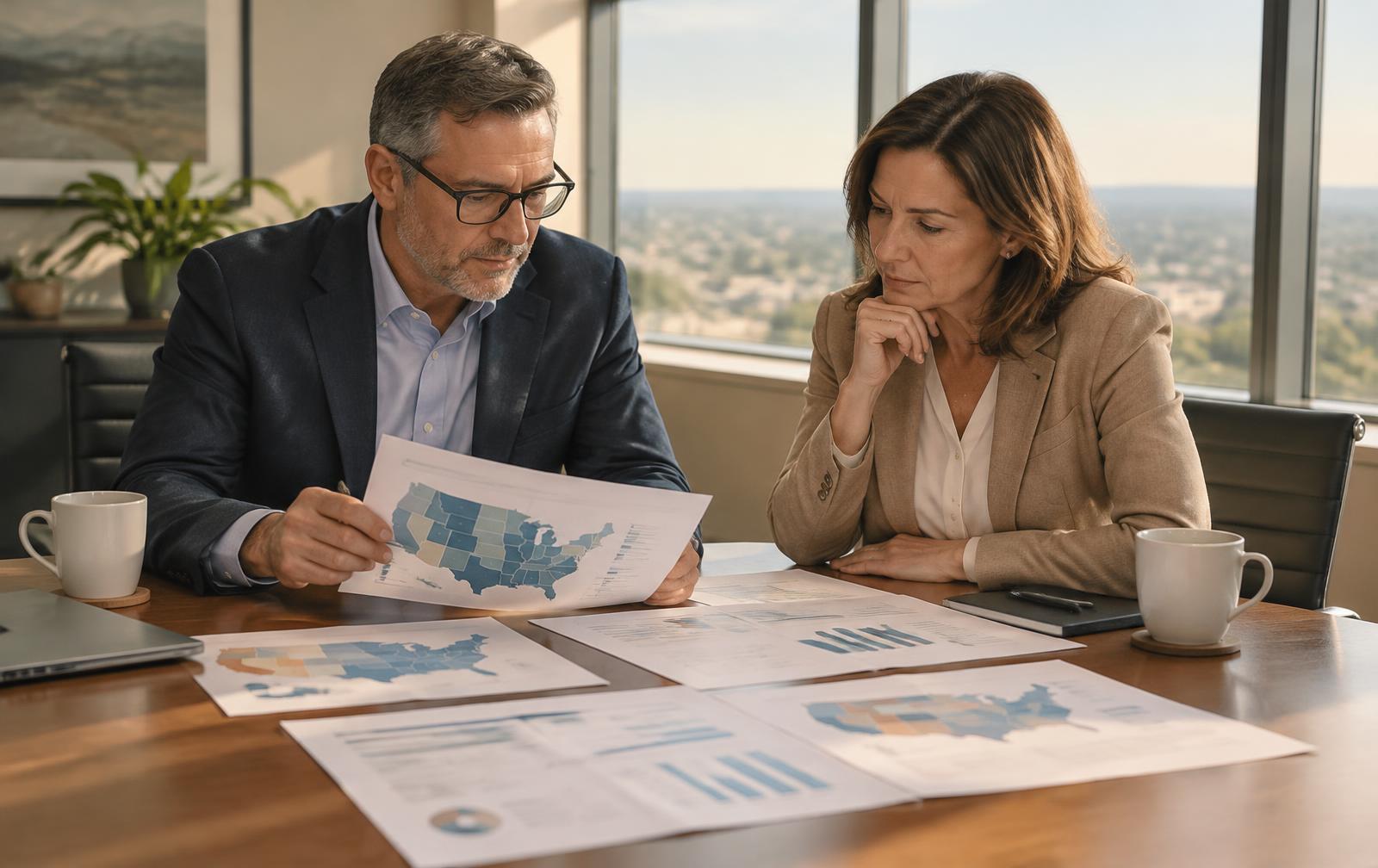 Executives reviewing state-by-state Medicare Advantage market reports